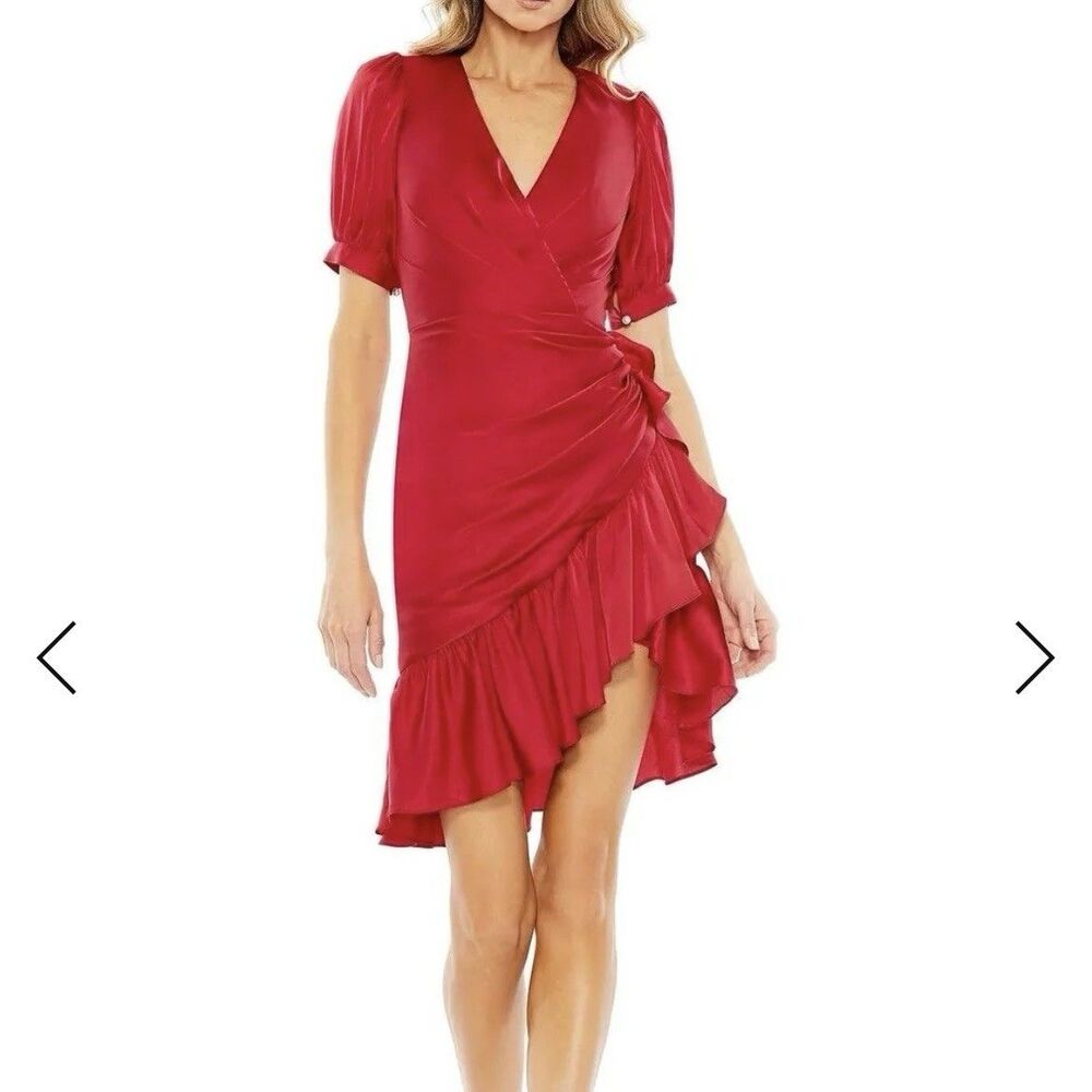 Iaana Mac Duggal 26928 Cocktail Mini Dress Sz 4 Red Satin Faux Wrap Ruffle Hem